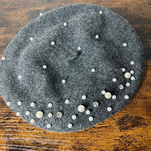 Marcus Adler New York Women's Beret Wool Blend Gray Beaded Pearls & Rhinestones - Picture 8 of 8